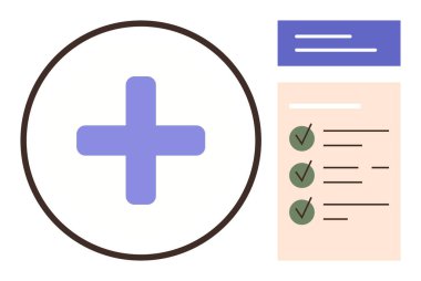 Çemberdeki tıbbi haç ve yeşil işaretli kontrol listesi organizasyon, sağlık ve planlamayı sembolize ediyor. Sağlık hizmetleri, tıbbi kayıtlar, organizasyon, üretkenlik, zaman yönetimi, amaç