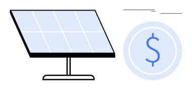 Bir dolar işareti olan bir madeni paranın yanındaki güneş paneli yenilenebilir enerjiyi, maliyet verimliliğini ve temiz teknolojiyi sembolize ediyor. Sürdürülebilirlik, çevre, yatırım, yeşil enerji ve ekonomi için ideal