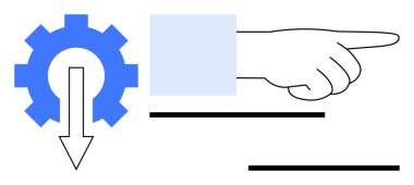 Mavi dişli, aşağı doğru ok ve yatay çizgilerle işaret eden el hareketi. Çalışma akışı, yön, talimat, süreç yönetimi, rehberlik, takım çalışması, karar verme süreci için ideal