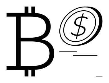 Kripto para birimi, dijital işlemler, engelleme zinciri, para değişimi, servet transferi, para birimi dönüşümü. Bitcoin sembolü hareket halindeki bir doların yanında. Kripto para birimi ve engelleme zinciri kavramı