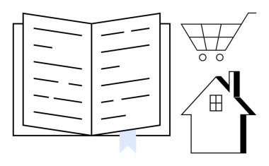 Eğitim, online alışveriş, emlak, e-öğrenme, dijital bilgi, ev hayatı. Açık bir kitabın taslağı, alışveriş arabası ve ev. Eğitim ve çevrimiçi alışveriş kavramsal tasarımı