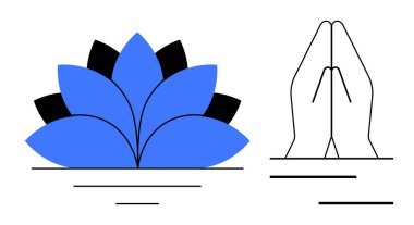 Mavi nilüfer çiçeği ve dua eden eller ruhaniliği ve huzuru vurgular. Farkındalık, meditasyon, inanç, yoga, kendine bakım, rahatlama ve iç huzur temaları için ideal. Basit düz metafor