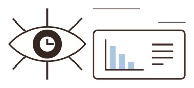 Baro tablosu ve listesini denetleyen saat görüntülü göz, verimliliği, odaklanmayı ve veri içgörüsünü sembolize ediyor. Üretkenlik, analiz, zaman yönetimi, vizyon, basit düz izleme stratejisi için ideal