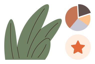 Yeşil yapraklar renkli bir pasta grafiği ve turuncu bir yıldızla eşleştirildi. Doğa, analitik ve başarının temalarını birleştirdiler. Büyüme, ekoloji, veri, başarı ve yaratıcılık için ideal