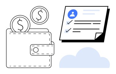 Bozuk paralı cüzdan, işaretli profil listesi ve bir bulut. Finans, kimlik sistemleri, bulut teknolojisi, kullanıcı verileri, dijital güvenlik, çevrimiçi bankacılık için ideal basit düz metafor