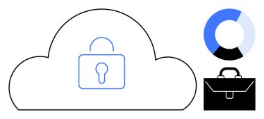 Siber güvenlik, veri koruması, iş operasyonları, bulut deposu, güvenli erişim, analitik. Asma kilitli bir bulut simgesi, veri tablosu çantası. Siber güvenlik ve veri koruması