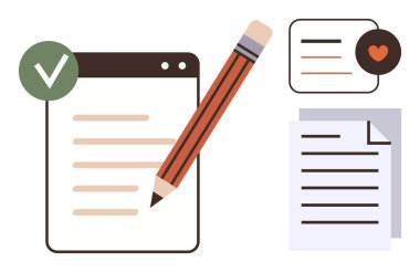 Tarayıcı, kalem, sohbet balonu ve dokümanlarda yazma, düzenleme, iletişim ve doğrulamayı vurgulayan kontrol listesi. Planlama ve üretkenlik değerlendirmesi için ideal içerik oluşturma eğitimi