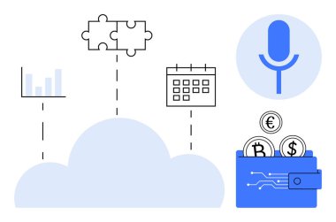 Bulut teknolojisi, dijital finans, bağlantı, iletişim, veri yönetimi, çevrimiçi işlemler. Bir bulut simgesi, içinde para birimleri mikrofon ve veri elemanları olan cüzdan. Bulut teknolojisi ve dijital