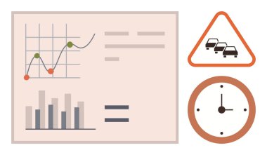 Çizgili grafikler, arabalı üçgen trafik işaretleri ve analog bir saat. Analiz, planlama, verimlilik, ulaşım, zaman yönetimi strateji ekip çalışması için ideal. Basit düz