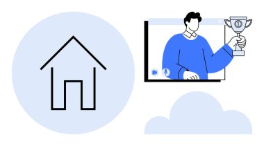 Ev ikonu, bir video çağrısında kupayla kutlama yapan, uzaktan kazanılan başarıları, çevrimiçi başarıları, takım çalışmasını, dijital hedefleri vurgulayan bir kişiyle eşleştirildi. Uzaktan çalışma, üretkenlik ve ev ofisi için ideal.