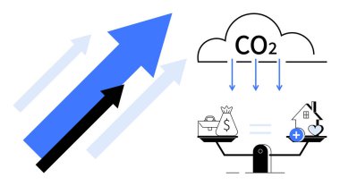 İklim değişikliği etkisi. İklim değişikliği, CO2 emisyonları, yükselen oklar, yükselen artan eğilimler ve ekonomik denge ölçekleriyle gösterilir. Emisyonlara, ekonomiye ve sürdürülebilirliğe bağlı iklim değişikliği