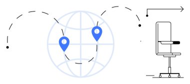 Uzaktan çalışma, küresel işbirliği, dijital bağlantı, serbest çalışma, küresel iş gücü, çevrimiçi işler. Yer belirteçleri ve ofis sandalyesi olan bir dünya. Uzak çalışma ve küresel işbirliği