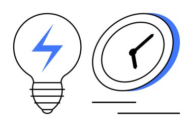 Zaman yönetimi, enerji tasarrufu, yenilenebilir kaynaklar, üretkenlik, yenilik, verimlilik. Yanında yıldırım ve saat olan ampul. Enerji korunumu ve zaman yönetimi fikirleri