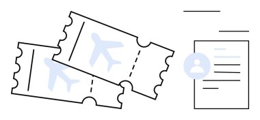 Uçak yolculuğu, ulaşım, rezervasyon, turizm, doğrulama, kimlik. İçinde iki uçak bileti ve kimlik bilgileri olan bir belge var. Uçak yolculuğu ve bilet taşıma konsepti