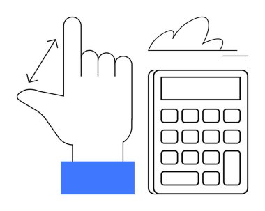 Matematik, muhasebe, ölçüm, finans, teknoloji, hesaplama. Eller yukarıya doğru büyük hesap makinesi ve küçük bulut simgesi ile. Finansal analiz için matematik ve muhasebe kavramı