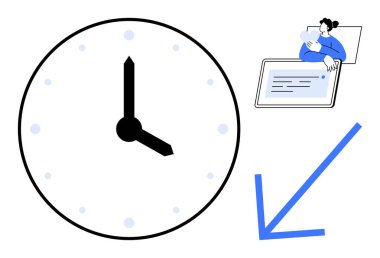 Zaman yönetimi konsepti. Zaman yönetimi dijital araçlar kullanarak saat ve kişi tarafından resmedildi. Verimlilik için zaman yönetimi, çevrimiçi iş, zamanlama ve görevlerde verimlilik