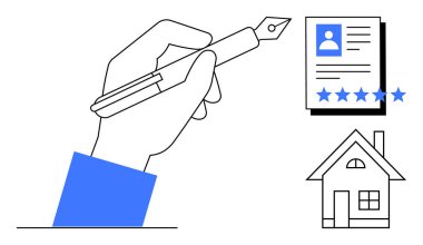 Kişisel profil belgesi ve yıldız derecesi yanında bir ev simgesinin yanında el ele tutuşma kalemi. Gayrimenkul, kişisel markalaşma, sözleşmeler, profiller, mülkiyet değerlendirmesi, değerlendirmeler, dijital kimlik