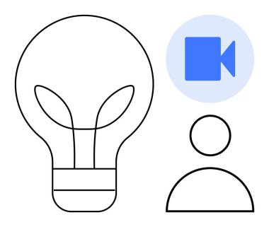 Yenilik, beyin fırtınası, online toplantılar, dijital işbirliği, uzak takım çalışması, sanal iletişim. Bir ampul, video ikonu ve insan taslağı. Yenilik ve çevrimiçi toplantılar görsel olarak