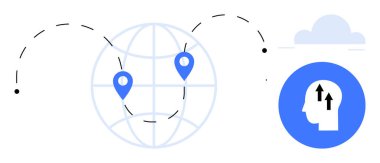 Küresel bağlantı kavramı. Küresel bağlantı teknolojisi bir kürede iki konuma sahip. Bulut entegrasyonu ve bilgi akışı yoluyla küresel iletişim. Ağ kurmak, öğrenmek, yenilik, teknoloji için