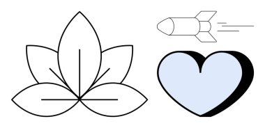 Sağlık, yenilik, duygular, maneviyat, sevgi, farkındalık. Çizilmiş nilüfer çiçeği, roket ve mavi kalp sembolleri. Refah ve yenilik, barış ve ilerlemeyi yansıtan kavramlardır.