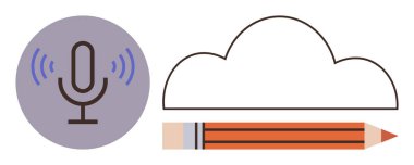 Ses dalgaları, bulut formu ve kalem çağrıştıran ses kayıtları, bulut depolama, sanatsal tasarım ve yaratıcılık yayan mikrofon. Podcastlar, içerik oluşturma, eğitim tasarım teknolojisi için ideal
