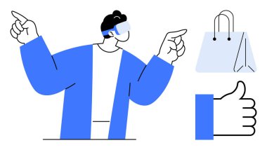 Sanal alışveriş konsepti. Perakende deneyimleri için sanal gerçeklik gözlüklü sanal alışveriş. Sanal alışveriş dijital işlemleri, e-ticareti ve teknolojik gelişmeleri teşvik eder. Mükemmel.