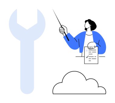 Elinde bir işaret, büyük bir anahtar silueti ve bulut formu kullanan bir kadın. Eğitim, eğitim, takım çalışması, teknik destek, onarım çözümü, bulut hesaplama ve yenilik için ideal