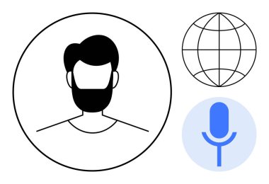 Dijital kimlik, küresel ağ, ses tanıma, çevrimiçi varlık, sanal yardım, iletişim teknolojileri. Profil avatarı, dünya ikonu ve mikrofon. Dijital kimlik ve küresel