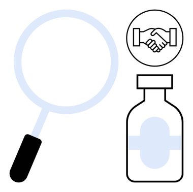 İşbirliği konsepti. El sıkışarak işbirliği, keşif için büyüteç ve sağlık hizmetleri çözümleri için ilaç şişesi. Araştırma, sağlık, takım çalışması, ağ oluşturma alanlarında işbirliği