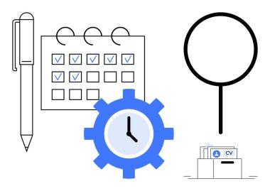 Üretkenlik kavramı. Dişli saat ve takvim kontrol listesi zaman yönetimi ve organizasyonu. İşe alım, takvim, görev planlaması, iş akışı ve insan kaynakları sistemlerinde verimlilik