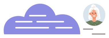 Gülümseyen kadın avatarının yanında çizgi desenli bulut şekli. Bulut depolama, çevrimiçi profil, kullanıcı hesabı, teknoloji, iletişim, ağ paylaşımı için ideal. Basit düz metafor