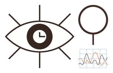 Saat merkezli kalın göz, büyüteç ve çizgi grafiği zaman yönetimini, analitiği, hassasiyeti, odaklanmayı, vizyon veri verilerini verimliliği gösteriyor. Araştırma organizasyonu için ideal. Basit düz