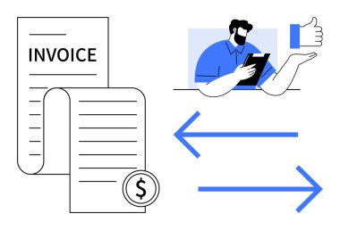 Finans, çevrimiçi ödemeler, işlemler, fatura, geri bildirim sistemleri, iş araçları. Görünür unsurlar arasında bir fatura, bir dolar sembolü, tablet okları ve baş parmağı olan bir insan figürü yer alıyor. Finans