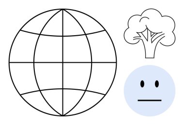 Çevresel farkındalık, küresel bağlantı, sürdürülebilirlik, duygusal ifade, ekolojik sembolizm ve minimalizm kavramları. Küre, ağaç ve yüz sembolleri temiz bir kompozisyonda. Çevresel