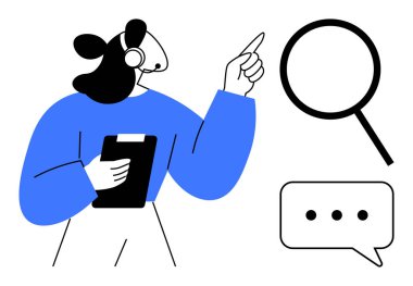 Kulaklık takan kadın pano tutuyor, büyütece doğru hareket ediyor, sohbet balonuyla. Müşteri desteği, arama, analiz, iletişim, rehberlik teknolojisi eğitimi için ideal. Basit düz