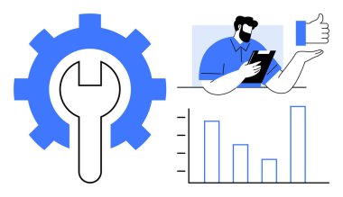İş analizi, verimlilik araçları, takım yönetimi, iş akışı optimizasyonu, veri takibi, hedef belirleme. İngiliz anahtarlı vites, tablet grafiği ve onay ikonu tutan adam. İş analizi
