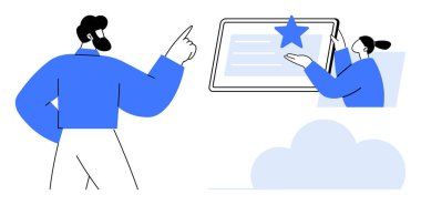 Dijital işbirliği, takım çalışması araçları, bulut teknolojisi, kullanıcı arayüzleri, çevrimiçi etkileşim ve işyeri iletişimi. İçinde yıldız olan tableti işaret eden iki kişi. Dijital işbirliği ve takım çalışması