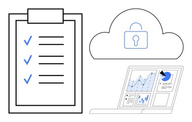 Veri güvenliği, bulut depolama, görev yönetimi, analiz, dijital araçlar, çevrimiçi koruma. Bilgisayarında kilit, kontrol listesi ve grafikleri olan ikonik bulut. Veri güvenliği ve bulut depolama kavramı
