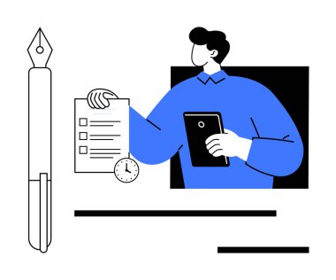 Proje yönetimi, iş akışı organizasyonu, zaman yönetimi, verimlilik, dijital araçlar, görev izleme. Elinde kalem ve saatle bir tablet ve kontrol listesi tutan kişi. Proje yönetimi ve iş akışı