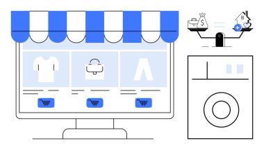 İnternetten alışveriş. Dükkan arayüzü ürün kategorileri ve satıcı seçenekleriyle dijital mağaza önünü gösteriyor. Çevrimiçi alışveriş bütçeyi, e-ticareti ve finansal yönetimi gözünde canlandırıyor. Perakende, finans için