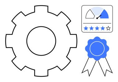 İyimserleştirme konsepti. Kaliteli rozet ve performans optimizasyonu, süreç verimliliği ve yüksek standartları olan bir vites. İş, sistem, iş akışları, ölçüler ve geliştirme için optimizasyon