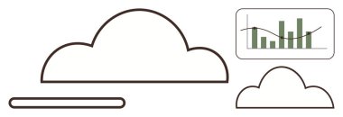 Bulut şekilleri dijital veri grafiğine bağlı, bulut hesaplama ve analizini sembolize ediyor. Teknoloji, veri yönetimi, yenilik, dijital dönüşüm, ağ entegrasyonu, bilişim için ideal