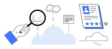 Veriler, bulmaca parçaları, takvim ve profile bağlı özgeçmiş üzerinde el ele büyüteç. Veri analizi, askere alma, görev yönetimi, problem çözme, bulut depolama teknolojisi için ideal