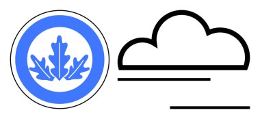 Mavi meşe yaprağı amblemi. Bulut ve çizgilerin en düşük çizgilerle çevrelenmiş. Doğa, ekoloji, hava durumu, çevre bilinci, temiz enerji, basitlik, sürdürülebilirlik, düz tasarım için ideal