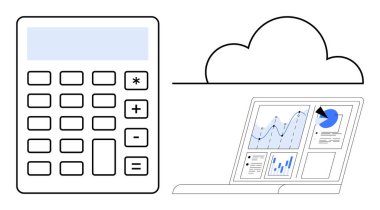 Finansal planlama, veri görselleştirme, bulut hesaplama, muhasebe, analitik, rapor yönetimi. Resim grafikleri ve grafikleri olan bir hesap makinesi ve dizüstü bilgisayar içerir. Mali planlama ve veri