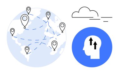 Küresel bağlantı kavramı. Küresel bağlantı bir dünya haritası, yer işaretleyicileri ve yaratıcı içgörü sembolü ile resmedilmiştir. Küresel bağlantı yenilik ve işbirliğini teşvik eder