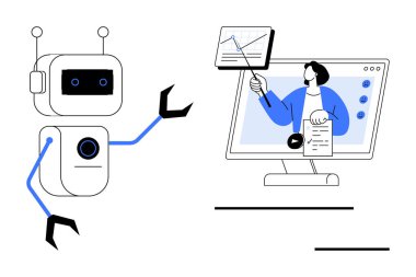 Teknoloji konsepti. Teknoloji sanal öğretim ve yenilik ile bir robot ve online sunum araçlarını birbirine bağlar. Teknoloji dijital eğitimi ve işbirliğini destekler. E-öğrenim için, Al.