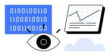 Basit bir düz metafor olarak veri analizi, içgörü, görselleştirme, izleme, güvenlik, yenilik ve teknolojiyi temsil eden ikili kod, çizgi çizelgesi, göz simgesi ve bulut simgesi ile grafik