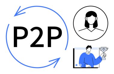 Dairesel oklu P2P çerçeve, kadın kullanıcı simgesi ve dijital ekranda kupa tutan adam. Teknoloji, ağ, iletişim, iş büyümesi, fintech, işbirliği uzaktan kumandası için ideal