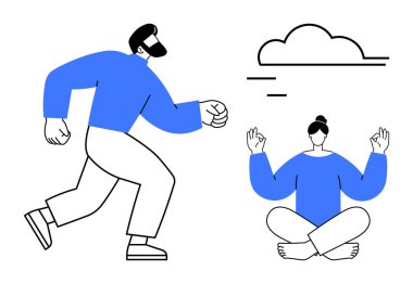 Fitness, farkındalık, dengeli yaşam, sağlık uygulamaları, sağlıklı alışkanlıklar, stres yönetimi. Çizgi filmde koşan adam ve bulutların altında meditasyon yapan kadın. Fitness ve farkındalık kavramları gösterilmiştir